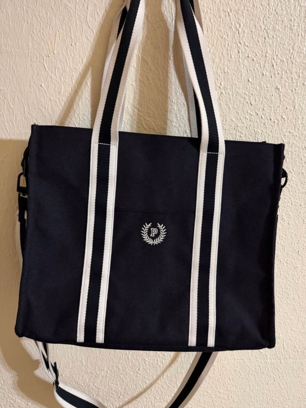 PINK Victoria's Secret Black Tote with White Striped Handles